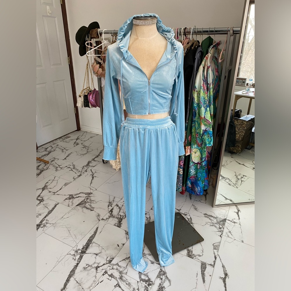 Icey Light Blue Velour Track Suit Set